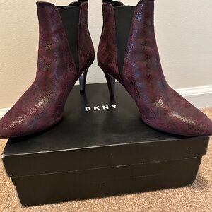 DKNY Burgundy Snakeskin Heeled Booties
